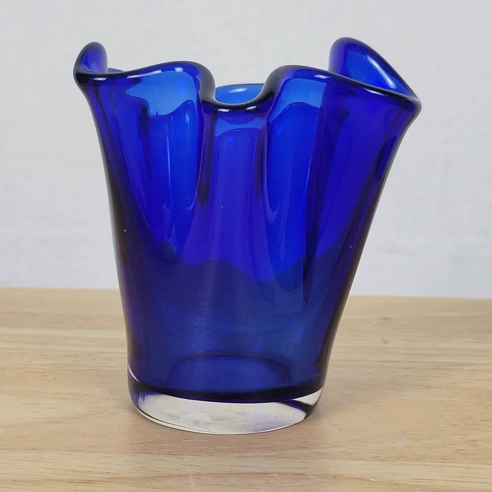 Vintage Cobalt Blue Art Glass Handkerchief Vase Hand Blown Mid Century Style